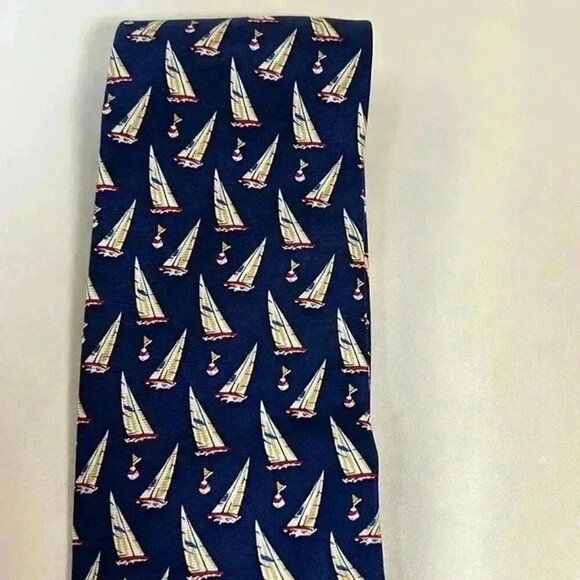 AMERICAN LIVING MENS 100% SILK TIE BLUE MARITIME OCEAN SAILBOATS BUOYS - Picture 5 of 8
